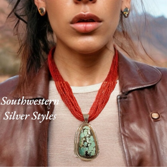 Navajo Aron Johnson Royston Turquoise Sterling Silver Pendant Coral Necklace - Picture 1 of 6